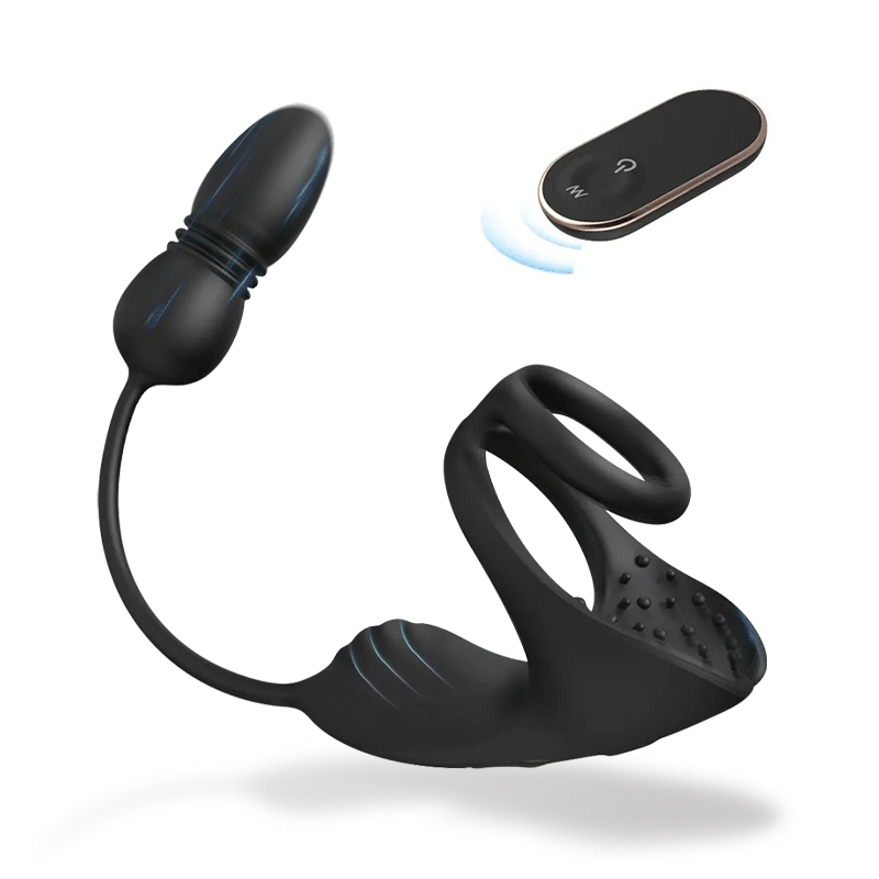 Double-ring penis ring with remote control and anal plug for couples